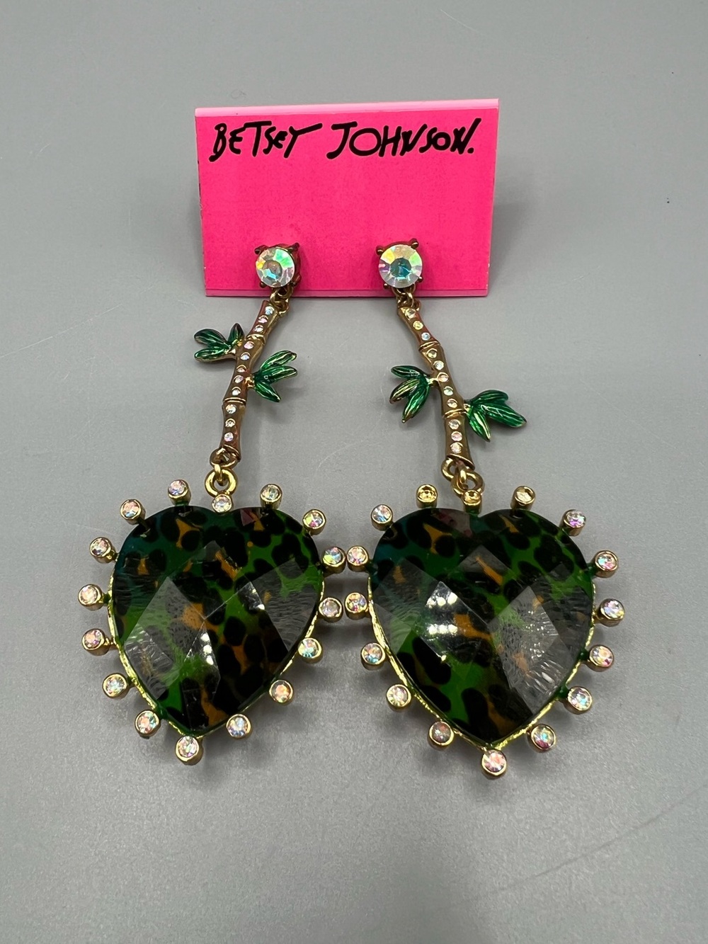 Betsey Johnson Green Leopard Heart Drop Earrings with Gold Accents